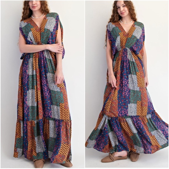 Easel Multicolor Floral Print Patchwork V neck Kimono Sleeve Maxi dress - Picture 1 of 3